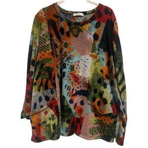 Jess & Jane Abstract Print Knit Tunic Top Size XL Pop Art Patch Pockets USA Made